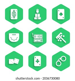 Set Slot machine, Playing card with clubs, Handcuffs, Stick for chips, Game dice, Poker table, spades and King playing diamonds icon. Vector