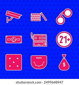 Set Slot machine, Poker table, Money bag, 21 plus, Game dice, Stacks paper money cash, Handcuffs and Security camera icon. Vector