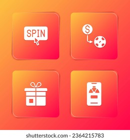 Set Slot machine spin button, Casino chips exchange, Gift box and Lucky wheel phone icon. Vector