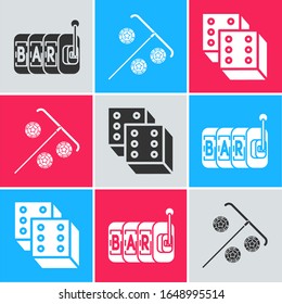 Set Slot machine, Stick for chips and Game dice icon. Vector