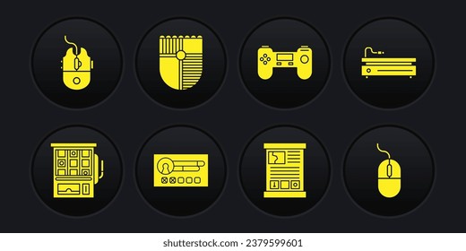 Set Slot machine, Video game console, Create account screen, Game guide, Gamepad, Shield for, Computer mouse (ratón) e icono de juego. Vector