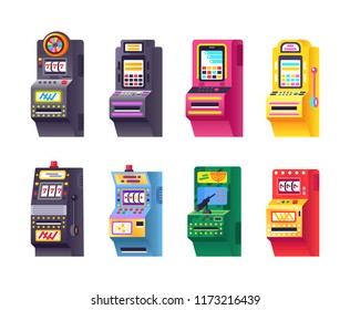 Set of slot machines, game automatic, roulettes, casino. Electronic virtual machines with gaming points. Arcade, gambling, shooters, casinos, casino three seven, one-armed bandit Vector illustration