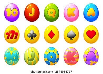 Set of slot symbols -colored eggs for Easter themed slot machines. Easter holiday symbols. Eggs with playing card symbols,jackpot 777 and playing card suits symbols