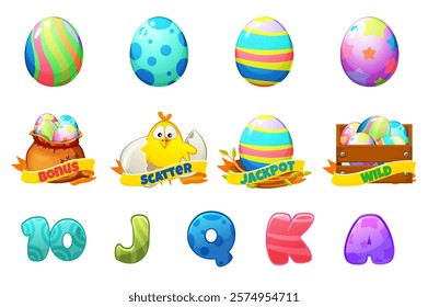 Set of slot symbols for Easter themed slot machines. Easter holiday symbols. Colored Eggs, chick, playing card symbols, wooden box and bag