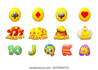 Set of slot symbols for Easter themed slot machines. Easter holiday symbols. Eggs, chick, playing card symbols,jackpot 777 and bag