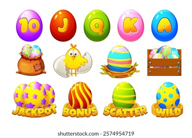 Set of slot symbols for Easter themed slot machines. Easter holiday symbols. Eggs, chick, playing card symbols, wooden box and bag