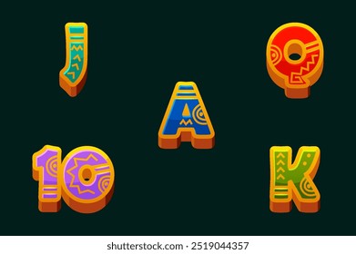 Conjunto de Fenda Símbolos-Ás, Rainha, Rei, 10, Jack. Estilo Maia ou Asteca. Ícones para Jogos 2D e Casino ou Slots. Elementos gráficos para o desenvolvimento de slot machines.