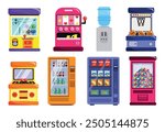 Set of slot and vending machines in cartoon style. Vector illustration of colored different types of gambling and vending machines with toys, balls, and food, water isolated on a white background.