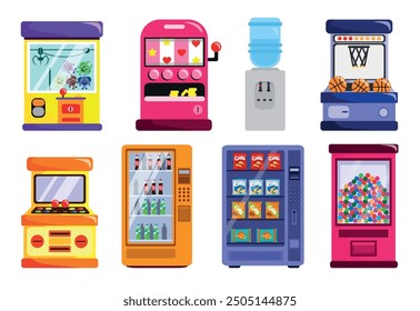 Set of slot and vending machines in cartoon style. Vector illustration of colored different types of gambling and vending machines with toys, balls, and food, water isolated on a white background.