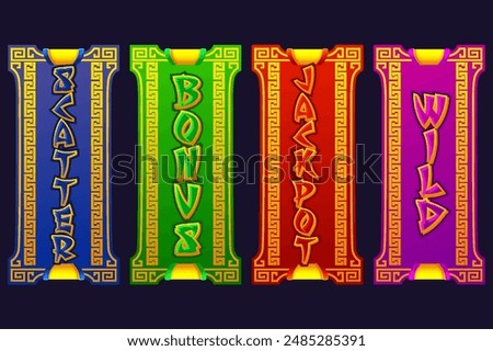 Set of Slot Word - Win, Scatter, Wild, Bonus, and Jackpot. Chinese Style banners for 2D Games and Casino or Slots