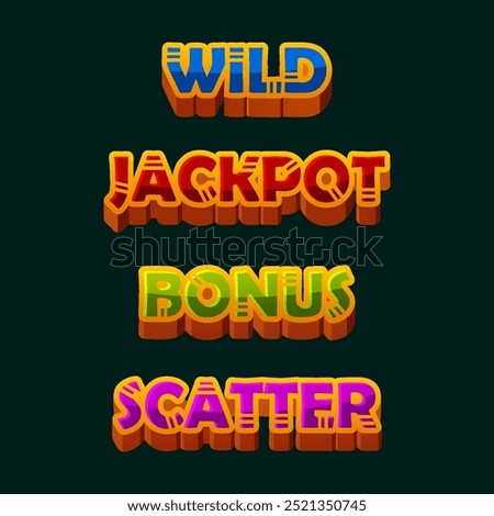 Set of Slot Words - Win, Scatter, Wild, Bonus, and Jackpot. Maya or Aztec Style text for 2D Games and Casino or Slots