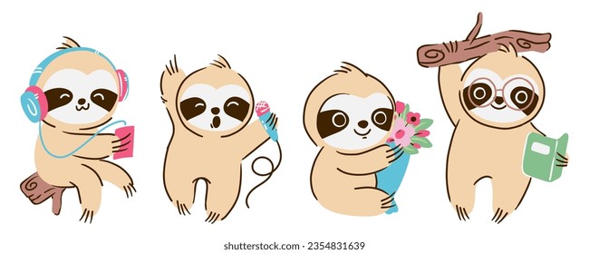 Set of sloth bear cartoon characters . Hand drawn style . White isolated background . Vector .