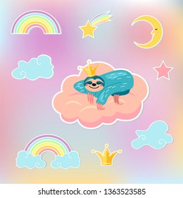 Set with sloth bear sleeping in pink cloud, crown, clouds, moon, star and rainbow. Flat and line style vector illustration. Design element for baby shower, patch, party props isolated on background