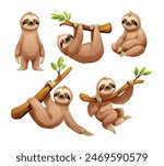 Set of sloth in different poses. Vector cartoon illustration