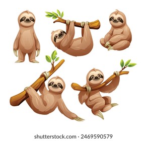 Set of sloth in different poses. Vector cartoon illustration