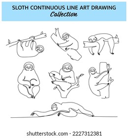 Set of sloth line design. Simple animal silhouette decorative elements drawn with one continuous line. Vector illustration of minimalist style on white background.