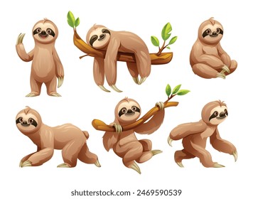 Set of sloth in various poses. Vector cartoon illustration