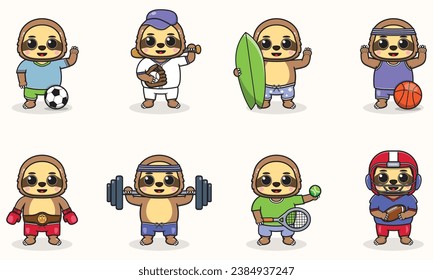 Set of Sloth wearing uniform and using sports equipment. Funny animals doing exercis. Cute cartoon character vector set isolated on a white background. Cartoon animal sport. Sloth cartoon. 