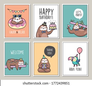 Set of sloths birthday poster/card vector illustration