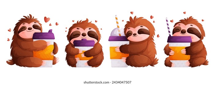 Juego de perezosos con tazas de café. Sloth abraza un vaso de café. La idea de despertarse después de tomar un expreso o un Americano.