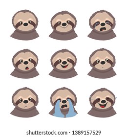 Set of sloths emotions. Emoji isolated on white background. Beautiful sloth stickers emoticons.