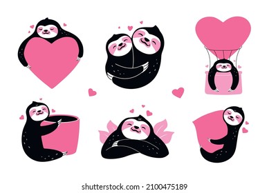 The set of sloths is hugging hearts and in love. The collection designs for hug stickers, Valentine’s days, romantic logo. Vector illustration
