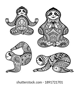 Set of sloths mandala zentangle stylized in different poses doing yoga