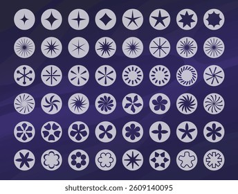 Set of slotted elements in brutal design. Stencil shapes of stars and flowers in y2k style. Twisting monochrome templates. Retro futuristic graphic elements