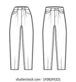Set of Slouchy Jeans Denim pants technical fashion illustration with ankle length, normal low waist, high rise, 5 pockets, Rivets. Flat bottom template front white color style. Women men CAD mockup