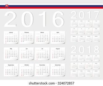 Set of Slovak 2016, 2017, 2018 vector calendars with shadow angles. Week starts from Sunday.