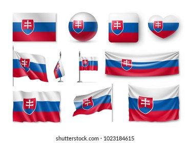 Set Slovakia flags, banners, banners, symbols, flat icon. Vector illustration of collection of national symbols on various objects and state signs