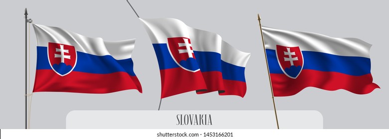 Set of Slovakia waving flag on isolated background vector illustration. 3 tricolor Slovak wavy realistic flag as a patriotic symbol 