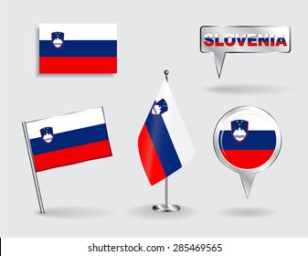 Set of Slovenian pin, icon and map pointer flags. Vector illustration.