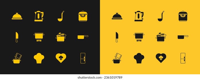 Set Slow cooker, Chef hat, Cooking pot, on fire, Kitchen ladle, Covered with tray of food and Electric kettle icon. Vector