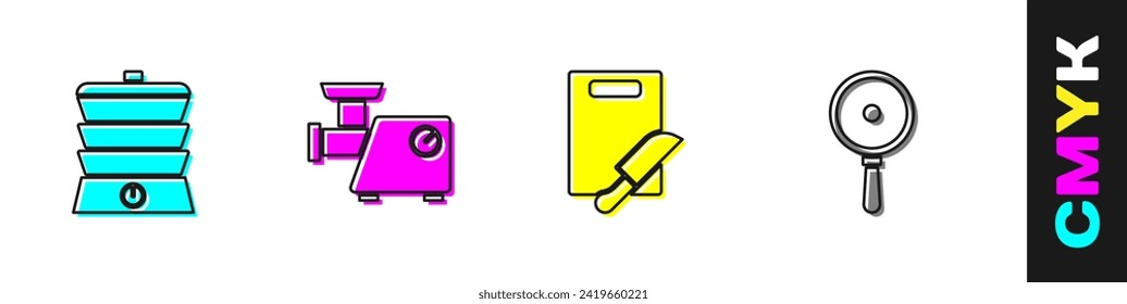 Set Slow cooker, Kitchen meat grinder, Cutting board and knife and Frying pan icon. Vector