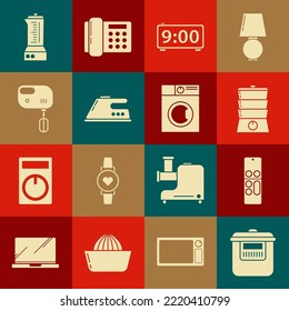 Set Slow cooker, Remote control, Double boiler, Digital alarm clock, Electric iron, mixer, Blender and Washer icon. Vector