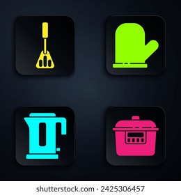 Set Slow cooker, Spatula, Electric kettle and Oven glove. Black square button. Vector