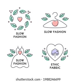 Set of slow fashion concept badges. Hand drawn cute coloured line style. Dress, hanger, heart, leaves wreath symbols. Eco-friendly manufacturing, natural and high quality clothes. Vector illustration 