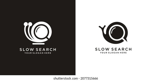 set of slow search .combination Snail with magnifying glass, logo design template Premium Vector