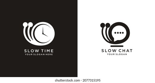 set of slow time and slow chat .combination Snail with o'clock and message, logo design template Premium Vector