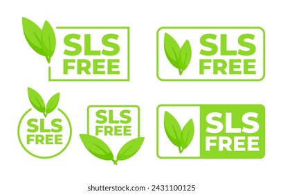 Set of SLS Free labels with a green leaf, indicating products without sodium lauryl sulfate for health conscious consumers.