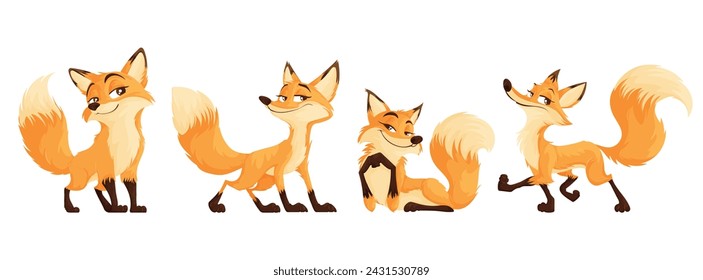 A set of sly foxes. Funny and cunning red fox collection. Animal emotion. Animal character design.