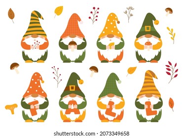 A set of small autumn dwarfs in caps, who hold mushrooms, twigs, berries and the letters FALL in their hands. Cute little forest gnomes, cartoon characters. Color vector illustration in a flat style