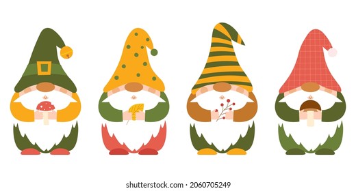 A set of small autumn punchy dwarfs in caps who hold mushrooms, twigs, berries, a leaf in their hands. Cute little forest gnomes, cartoon characters. Color vector illustration in a flat style