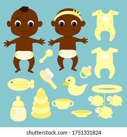 Set a small baby Africans or African Americansand newborn or first year of life baby items: mobile, comb, feeding bottle, pacifier rubber duck, bodysuit, rattle. Illustration in pastel yellow colour.