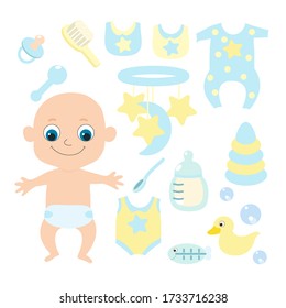 Set a small baby newborn or first year of life and baby items: mobile, comb, feeding bottle, pacifier rubber duck, bodysuit, bib, rattle. Vector illustration in pastel soft blue, yellow colors.