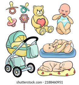 set of a small baby in a T-shirt with an airplane is crying, a stroller, a pacifier, a bear toy. vector illustration