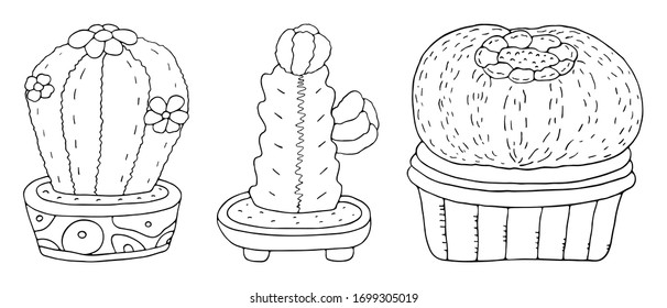 Set of small beautiful blooming prickly cacti in clay flower pots. Coloring page. Vector hand drawn illustrations set. Black and white isolated on white background. Doodle cactus plant nature.