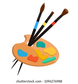 Set of small, big , mid yellow wood blue metal artist paint brushes for drawing palette with paint. Tools. School office supplies, stationery. Modern flat cartoons style vector illustration icons. 