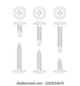 set small and big self tapping screws, black and white illustration vector, group multiple sizes